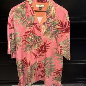 Tommy Bahama 100% Silk Mens Button Up Camp Shirt Pink Green Palm Print